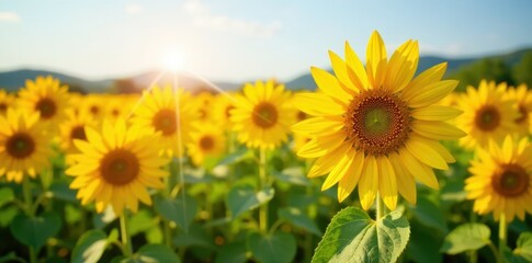 Obraz premium Sunflower field with golden petals on a sunny summer day, floral, orange