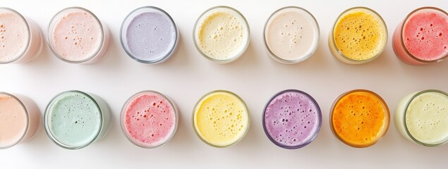 Colorful assortment of smoothies in glasses.