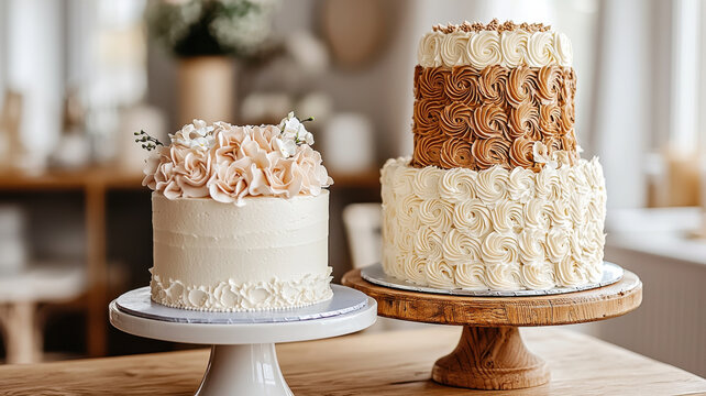 Simple one tiered cake and elaborate multi tiered cake display beautifully
