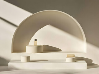 Minimalist Product Display with Cylindrical Podiums and Arch, Soft Lighting, and Neutral Tones