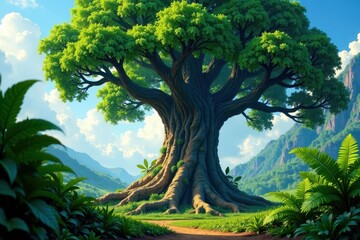 Fototapeta premium Towering tree with aerial roots and giant ferns, forest floor, giant ferns