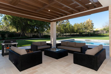 Obraz premium Outdoor Patio with Furniture Overlooks Pool and Lush Green Backyard Oasis Perfectly.