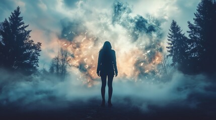 Obraz premium Silhouette of a Person in Front of a Dramatic Explosion in Nature