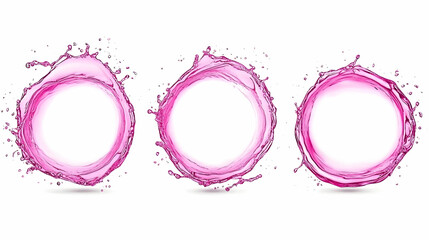 Pink Liquid Splashes Form Three Dynamic Circular Frames on White Background with Droplets