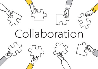 コラボレーションをイメージしたイラスト。パズルを持った人々　文字あり