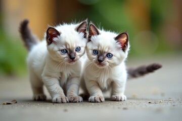 Two adorable blue lynx point ragdoll kittens chasing and pouncing on each other's tails , ragdoll cat, furball