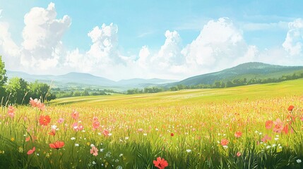 Summer Meadow Dream:  A whimsical landscape painting captures the essence of summer with vibrant wildflowers blooming in a sun-drenched meadow, rolling hills in the distance.