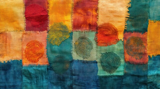 Vibrant Textile Art: A Patchwork of Fingerprints and Hues