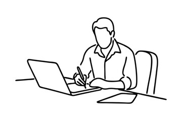 Man taking notes on paper white using laptop computer Hand drawn line art vector illustration.