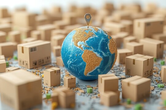 Global shipping and logistics concept. A miniature globe sits among numerous cardboard boxes, symbolizing worldwide delivery and distribution.