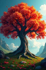 Fototapeta premium Vibrant leaves on a majestic tree with intricate branches and sprawling roots, greenery, branches