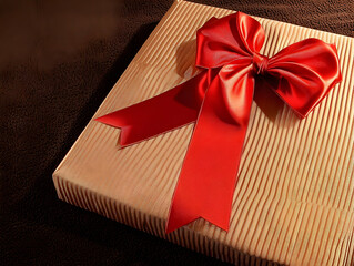 Gold Gift Box with Red Ribbon Wrapped Beautifully on Brown Plush Background.