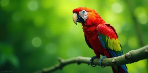 Fototapeta premium Vibrant parrot with scarlet feathers perched on a green branch, trees, nature