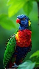 Naklejka premium Vibrant plumage against a soft green leaf background, peacock, branch