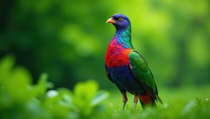 Fototapeta premium Vibrant plumage against a lush green backdrop, tree, foliage