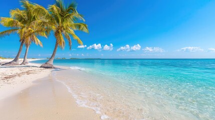 Obraz premium Tropical beach paradise Palm trees, turquoise water, and white sand. Perfect for travel brochures