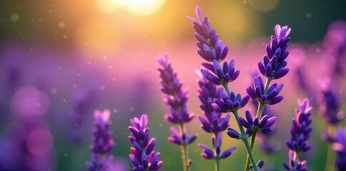 Naklejka premium Vibrant purple lavender blooms illuminate the fading daylight, nature, purple flowers