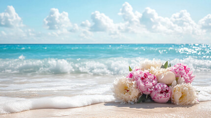 beautiful peony floral arrangements ocean wave vibrant blue sky sandy beach photography tropical elegance natural beauty serene peaceful coastal wedding vacation vibe wallpaper home decor boho chic
