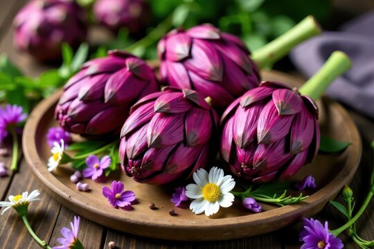 vibrant purple artichokes scattered on a rustic wooden platter amidst wildflowers and earthy tones, organic artichokes, botanicals