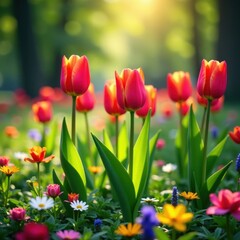 Obraz premium Vibrant tulips sway gently in the spring breeze amidst lush greenery and colorful wildflowers , flowers, lush