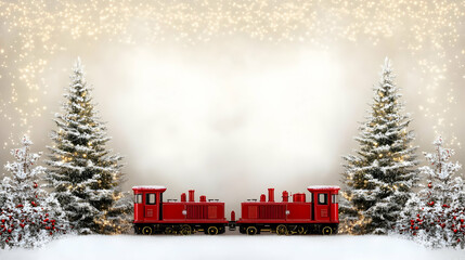 Red Train in Winter Wonderland with Snowy Trees and Sparkling Lights Beautifully Decorated Background