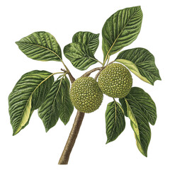 Botanical Illustration of Tropical Plant with Fruits and Green Leaves