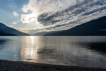 sunny morning Beautiful Shuswap Lake in summer near Herald Provincial park British Columbia Canada