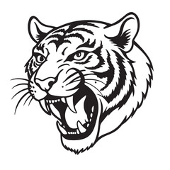 Obraz premium Angry tiger head with roaring mouth hand drawn sketch engraving style vector illustration.