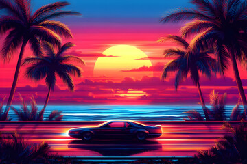Retro Car Cruises Along a Vibrant Coastal Highway at Sunset with Palm Trees