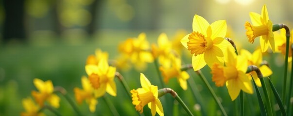 Obraz premium Golden daffodil flowers swaying in the breeze, landscape, nature, field