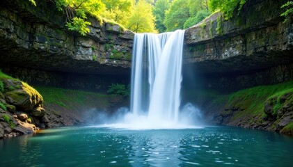 Fototapeta premium Waterfall cascade falls downwards sharply into deep pool, forest, liquid