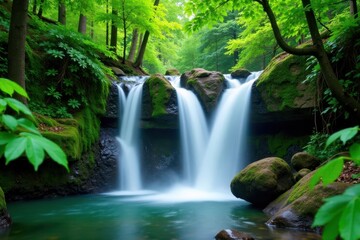 Fototapeta premium Waterfall cascade amidst emerald forest foliage, serene, waterfall