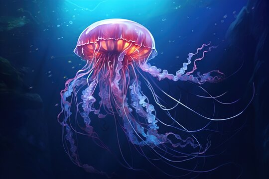 Serene jellyfish floating gracefully underwater illuminated by deep ocean light