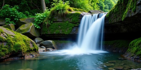 Fototapeta premium waterfall cascading gently over moss-covered rocks, foliage, greenery