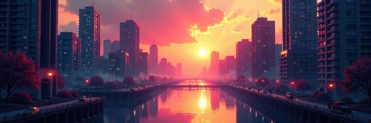 Naklejka premium Fading light in a dreamlike cityscape with melting buildings , architecture, dreamscape, city