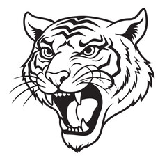 Obraz premium Angry tiger head with roaring mouth hand drawn sketch engraving style vector illustration.