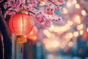 Chinese New Year lantern glowing softly among pink cherry blossoms, creating a serene festive ambiance. Perfect for seasonal greetings, cultural promotions, and event decor