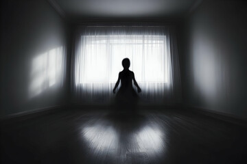 Blurry Silhouette Stands Before Bright Window in Dark Room, Creating Eerie Atmosphere
