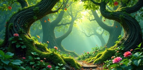 Whimsical forest of twisted vines and leaves with soft mossy textures, botanical, foliage