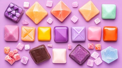 Colorful Candy Gems Arranged on Purple Background