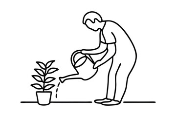 Person watering small green plant with watering can Hand drawn line art vector illustration.
