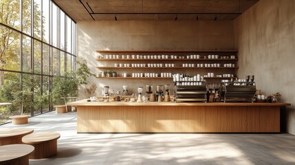 3D rendering of a modern coffee shop interior featuring sleek furniture and cozy decor