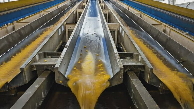 Industrial Grain Processing: A high-angle, detailed view of a sophisticated grain processing system. Multiple chutes carry a steady flow of golden grain.