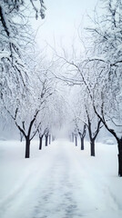 Fototapeta premium Snow-Covered Trees Line a Path in a Serene Winter Landscape Quietly and Peacefully