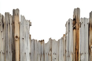Broken weathered wooden fence isolated on white.