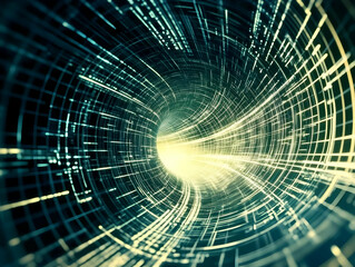 Abstract Digital Tunnel Converges Data Streams Towards Bright Light Seamlessly with High Tech Aesthetics