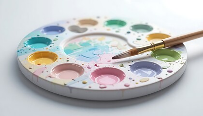 Pastel Paint Palette With Brush And Paint Spills
