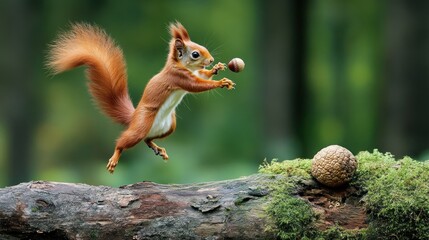 Fototapeta premium Red squirrel leaping mid-air, catching acorn.