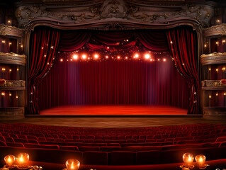 Elegant Theater Interior Showcases Red Curtains, Stage, and Seating with Candlelight
