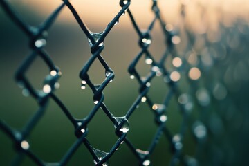 Fototapeta premium Closeup of a rain-drenched wire fence outdoor setting nature photography evening light abstract viewpoint capturing the beauty of reflections on wire